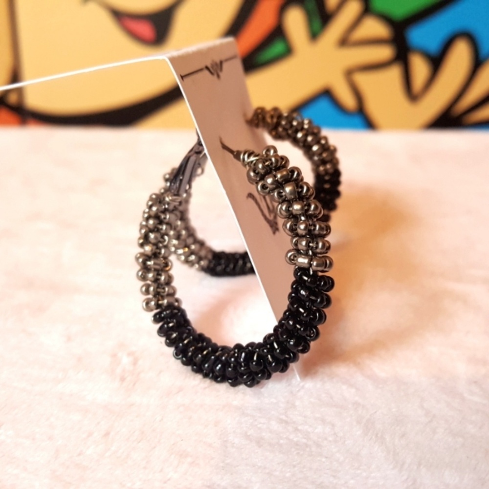 Silver & Black Beaded Hoop Earrings